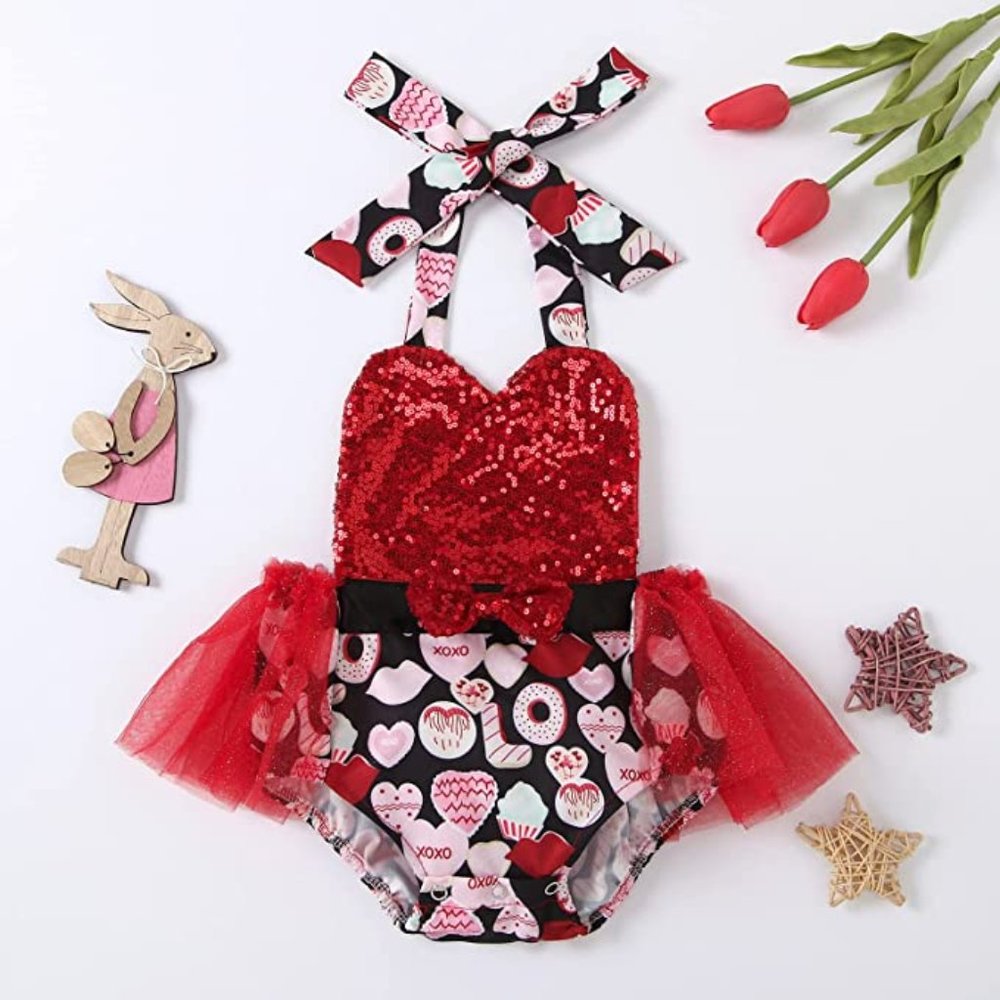 Boutique Baby Girl Valentine's Day Outfit Heart Sequin Romper Tulle Dress 18-24M